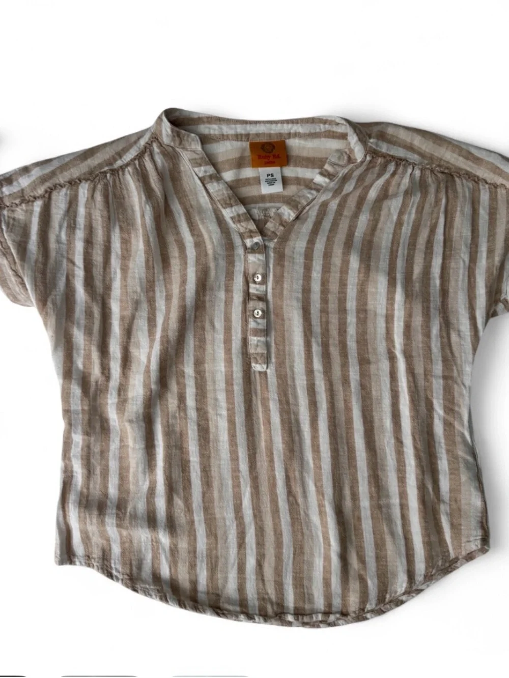 Ruby Road Soft Striped Linen Blend Henley Top — Tan & White